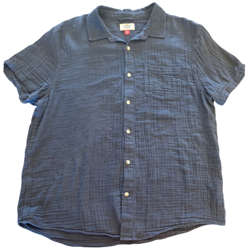 Marine Layer Mens Navy Blue Double Gauze Short Sleeve Button Down Shirt L/XL